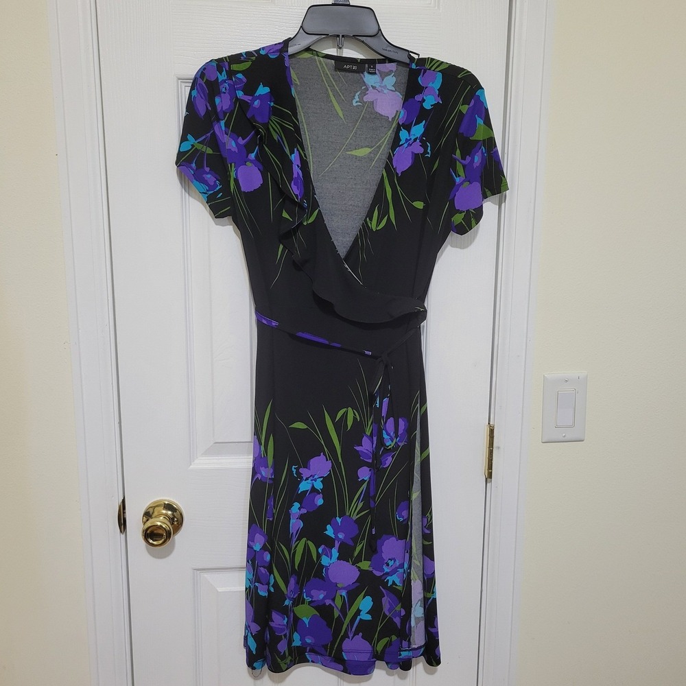 Apt. 9 Womens Floral Wrap Dress Purple Blue Iris Ruffle V-Neck Black Size S